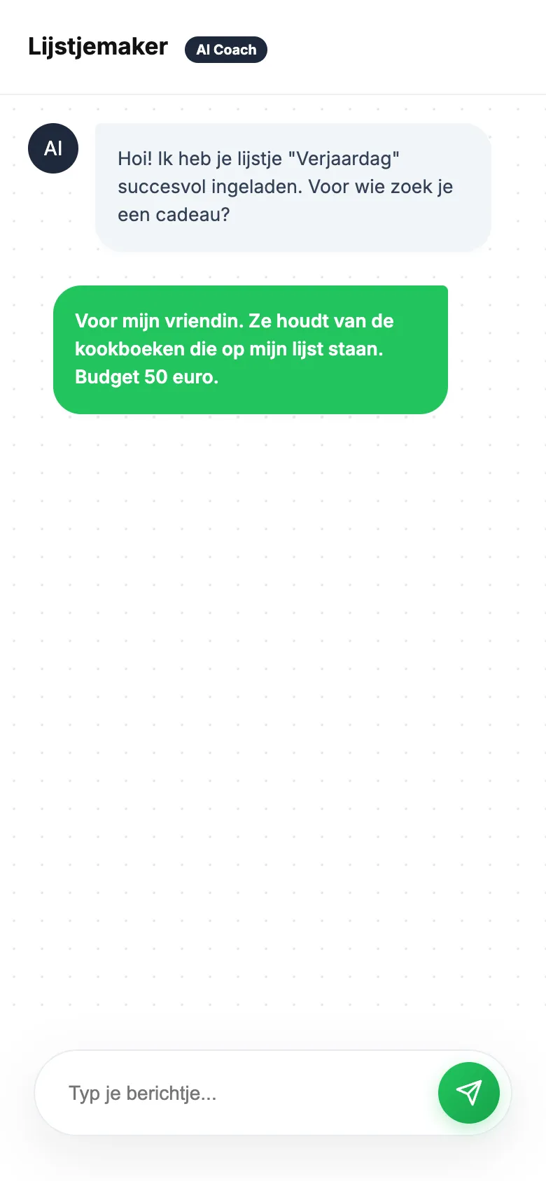 AI Cadeau Coach op een smartphone die direct advies geeft op basis van je verlanglijstje