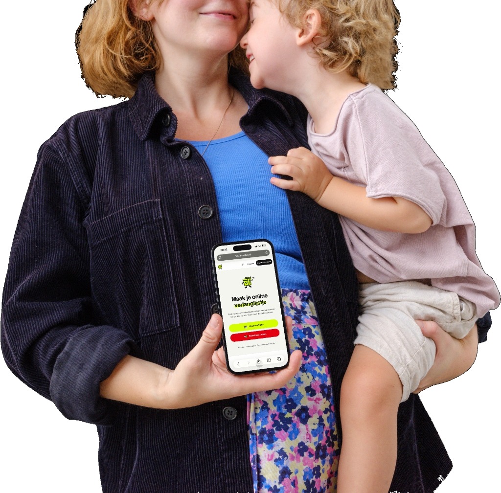 Een moeder met haar kind die Lijstjemaker.nl gebruikt op de telefoon