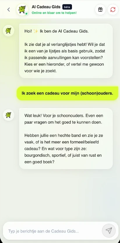 AI Hulpje van Lijstjemaker.nl — persoonlijk cadeau-advies via chat Chatgesprek met het AI Hulpje van Lijstjemaker.nl dat helpt een passend cadeau voor (schoon)ouders te kiezen op basis van interesses en budget